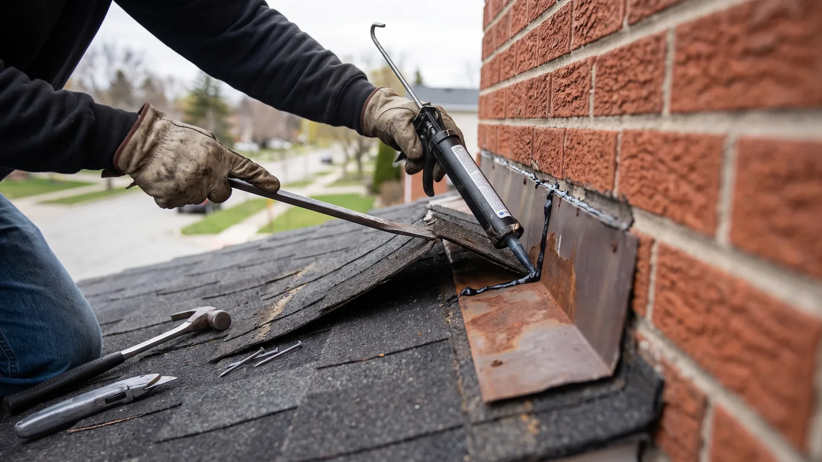 Roofer replacing a strip of wind-lifted asphalt shingles and resealing step flashing where the roof meets a brick wall