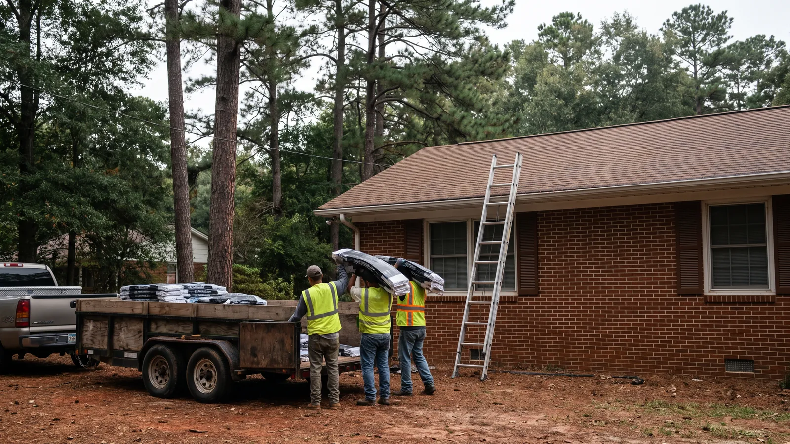 Roofing crew unloading shingle bundles from a trailer beside a ladder at a ranch house in North Carolina, faces turned away